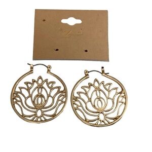 ZAD Goldtone Lotus Cutout Hoop Earrings NWT